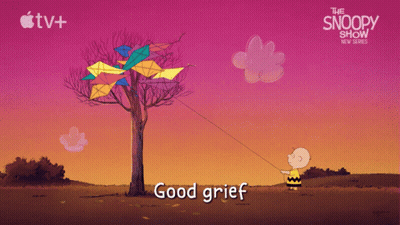 A Poster For The Snoopy Show Shows Charlie Brown Pulling A Kite GIF