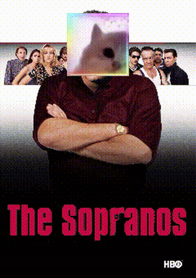 A Poster For The Sopranos Shows A Man With A Cat In Front Of His Face GIF