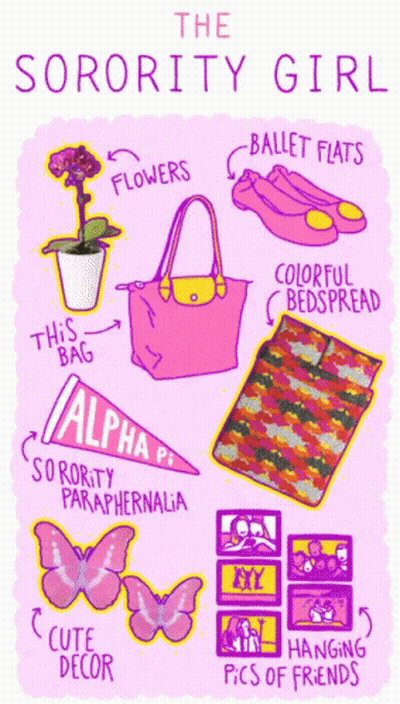 A Poster For The Sorority Girl Includes Flowers Ballet Flats And Colorful Bedspreads GIF
