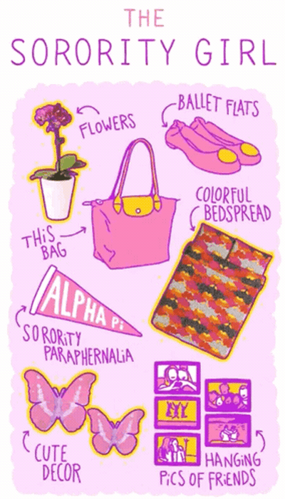 A Poster For The Sorority Girl Shows Flowers Ballet Flats A Colorful Bedspread And Cute Decor GIF