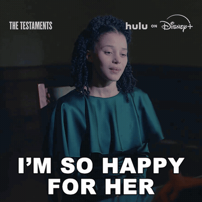 A Poster For The Testaments Shows A Woman Sitting In A Chair And Says I 'M So Happy For Her GIF