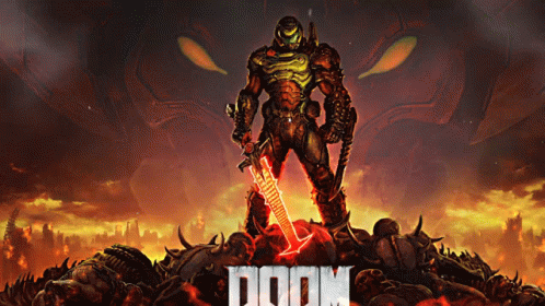 A Poster For The Video Game Doom Shows A Monster Holding A Sword . GIF
