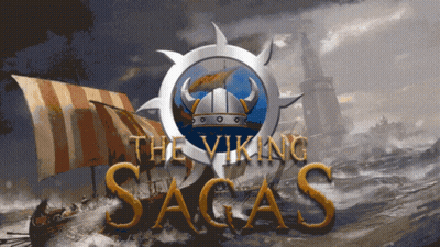 A Poster For The Viking Sagas Shows A Ship In The Ocean GIF