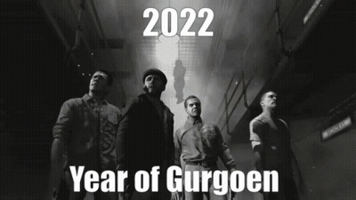 A Poster For The Year Of Gurgoen Shows A Group Of Men Standing In A Hallway GIF