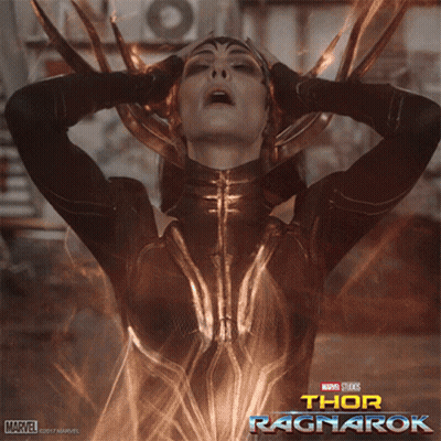 A Poster For Thor Ragnarok Shows A Woman In A Black Outfit GIF