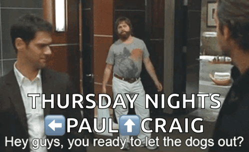 A Poster For Thursday Nights Paul Craig Shows Three Men Standing In A Bathroom GIF