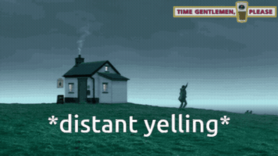 A Poster For Time Gentlemen Please Shows A Man Standing In Front Of A House GIF