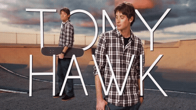 A Poster For Tony Hawk Shows A Man Holding A Skateboard In Front Of A Skate Park GIF