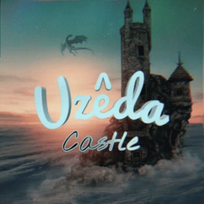 A Poster For Uzeda Castle Shows A Castle On A Small Island GIF