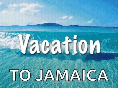 A Poster For Vacation To Jamaica With Waves Crashing On The Shore GIF