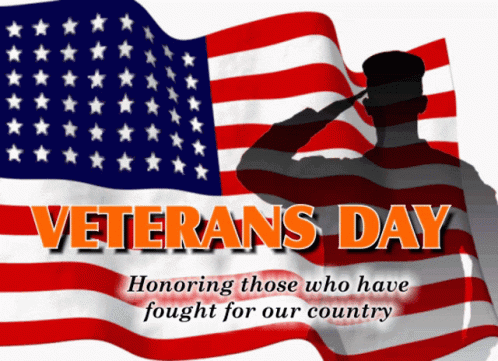 A Poster For Veterans Day With An American Flag And A Saluting Soldier GIF