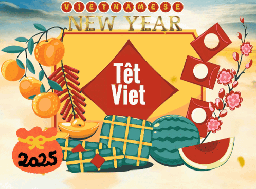 A Poster For Vietnamese New Year With Watermelons And Oranges GIF