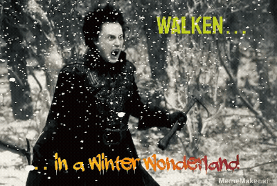 A Poster For Walken In A Winter Wonderland With A Man Holding A Hammer In The Snow GIF
