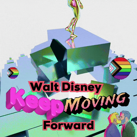 A Poster For Walt Disney Keep Moving Forward With A Couple Kissing GIF