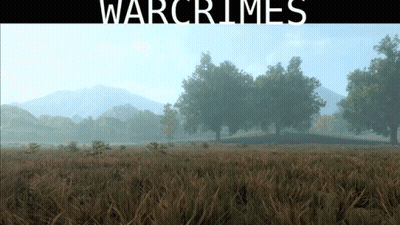 A Poster For Warcrimes Shows A Field With Trees In The Background GIF
