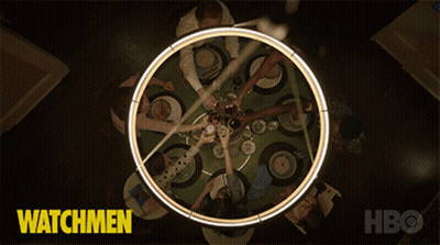 A Poster For Watchmen Shows A Group Of People Sitting Around A Circular Table GIF