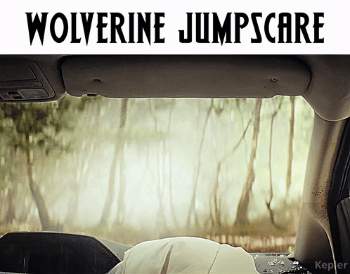A Poster For Wolverine Jumpscare Shows A Person Laying In The Back Seat Of A Car GIF