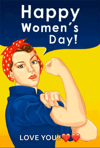 A Poster For Women 'S Day With A Woman Flexing Her Muscles GIF