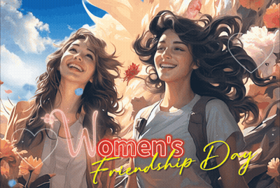 A Poster For Women 'S Friendship Day Shows Two Women Smiling GIF