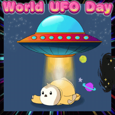 A Poster For World Ufo Day With A Sloth Coming Out Of A Spaceship GIF