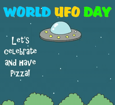 A Poster For World Ufo Day With An Illustration Of A Flying Saucer GIF