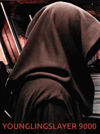 A Poster For Younglingslayer 9000 Shows A Person With A Hood On Their Head GIF