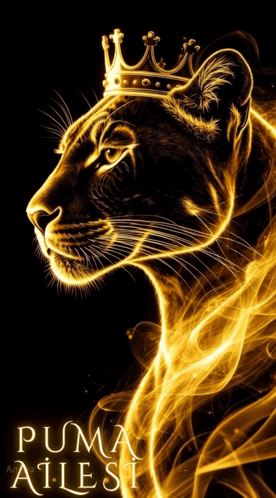 A Poster Of A Black Panther With A Gold Crown On Its Head GIF