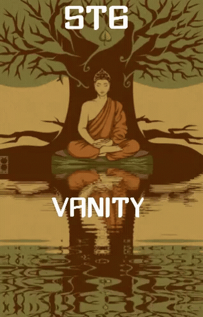 A Poster Of A Buddha Sitting Under A Tree With The Words Stg Vanity Above Him GIF