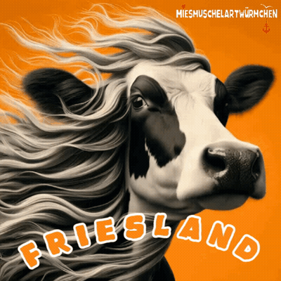 A Poster Of A Cow With Friesland Written In White Letters GIF