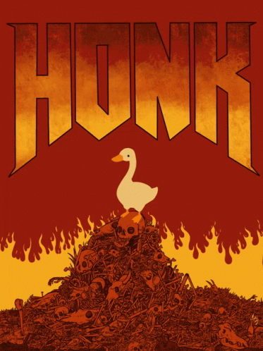 A Poster Of A Duck Sitting On A Pile Of Skulls With The Word Honk Above It GIF