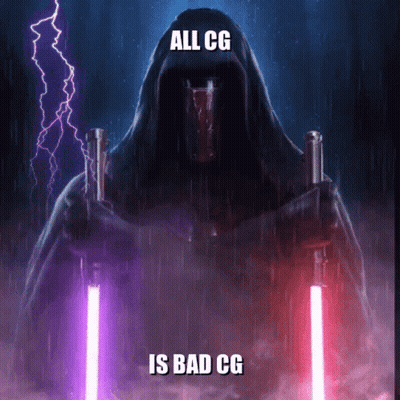 A Poster Of A Hooded Figure Holding Two Lightsabers With The Caption " All Cg Is Bad Cg " GIF