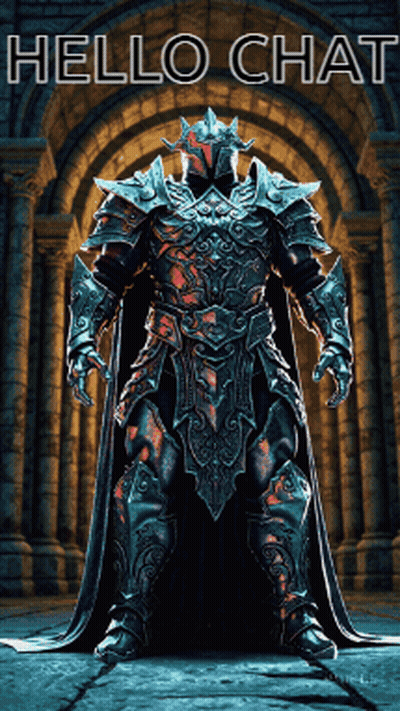 A Poster Of A Knight In Armor With The Words Hello Chat On It GIF