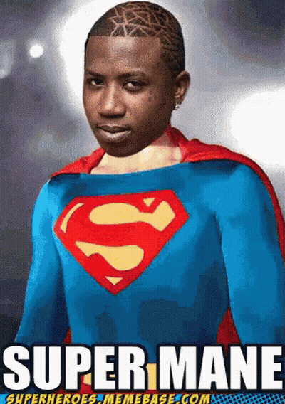 A Poster Of A Man Dressed As Superman With The Words Super Mane On The Bottom GIF