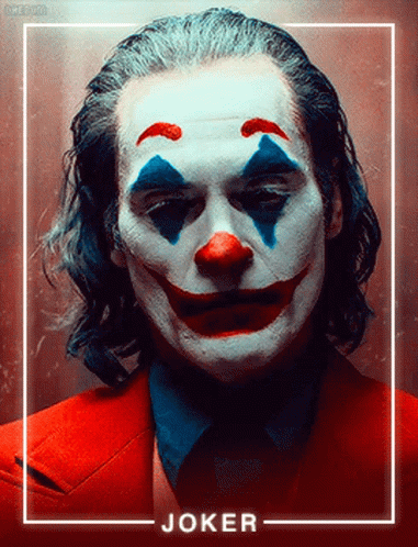 A Poster Of A Man Dressed As The Joker With His Face Painted Like A Clown GIF