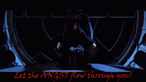 A Poster Of A Man Holding A Green Light Saber With The Words Let The Angst Flow Through You GIF