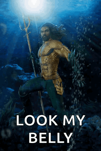 A Poster Of A Man Holding A Trident With The Words Look My Belly Below Him GIF