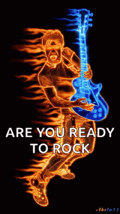 A Poster Of A Man Playing A Guitar With The Words Are You Ready To Rock GIF