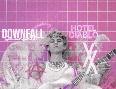 A Poster Of A Man Playing A Guitar With The Words Hotel Diablo X GIF