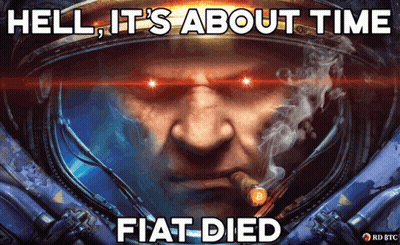 A Poster Of A Man Smoking A Cigar With The Words " Hell It 'S About Time Fiat Died " GIF