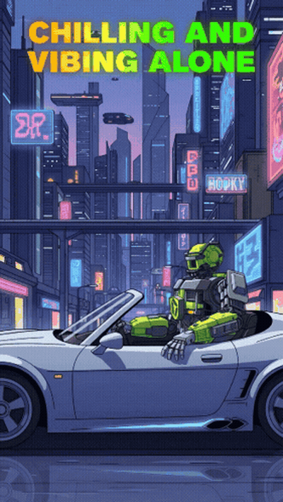 A Poster Of A Robot Driving A Car With The Words Chilling And Vibing Alone GIF
