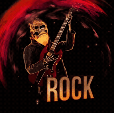 A Poster Of A Skeleton Playing A Guitar With The Word Rock In The Corner GIF