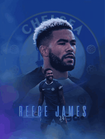 A Poster Of A Soccer Player With The Name Reece James GIF