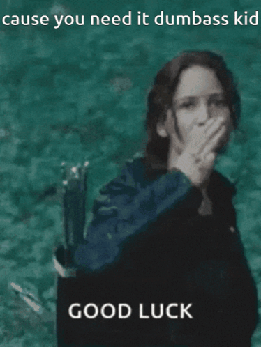 A Poster Of A Woman Giving The Middle Finger With The Words " Good Luck " Below Her GIF