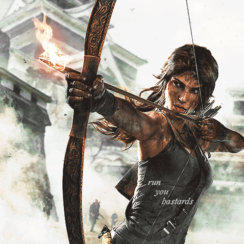 A Poster Of A Woman Holding A Bow And Arrow With The Words Run You Bastards On It GIF