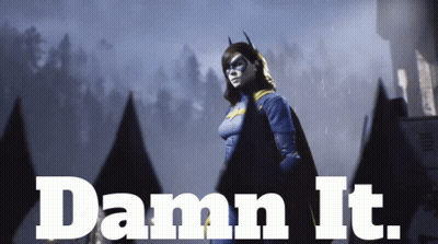 A Poster Of A Woman In A Batman Costume With The Words Damn It GIF