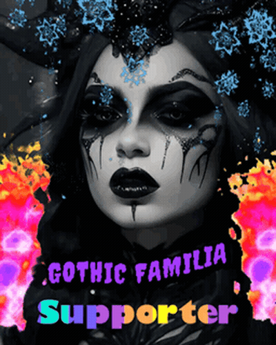 A Poster Of A Woman With Gothic Familia Supporter Written On The Bottom GIF