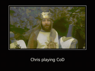A Poster Of Chris Playing Cod With A Picture Of A Man In Armor GIF