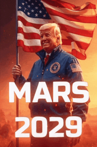 A Poster Of Donald Trump Holding An American Flag With The Year 2029 On It GIF