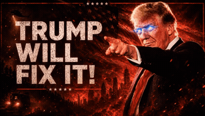A Poster Of Donald Trump With The Words Trump Will Fix It Behind Him GIF