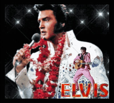 a poster of elvis presley singing into a microphone and playing a guitar